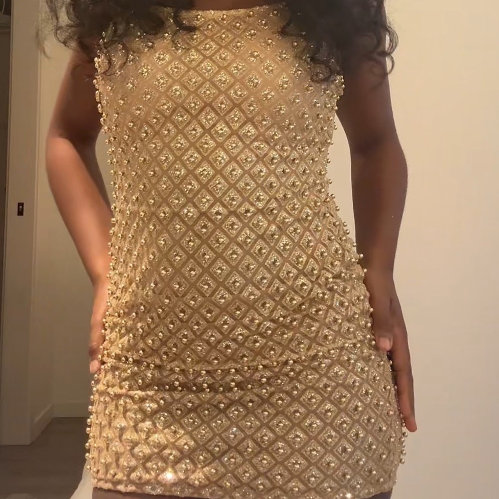 Fashion Nova Gold Embellished Mini Dress